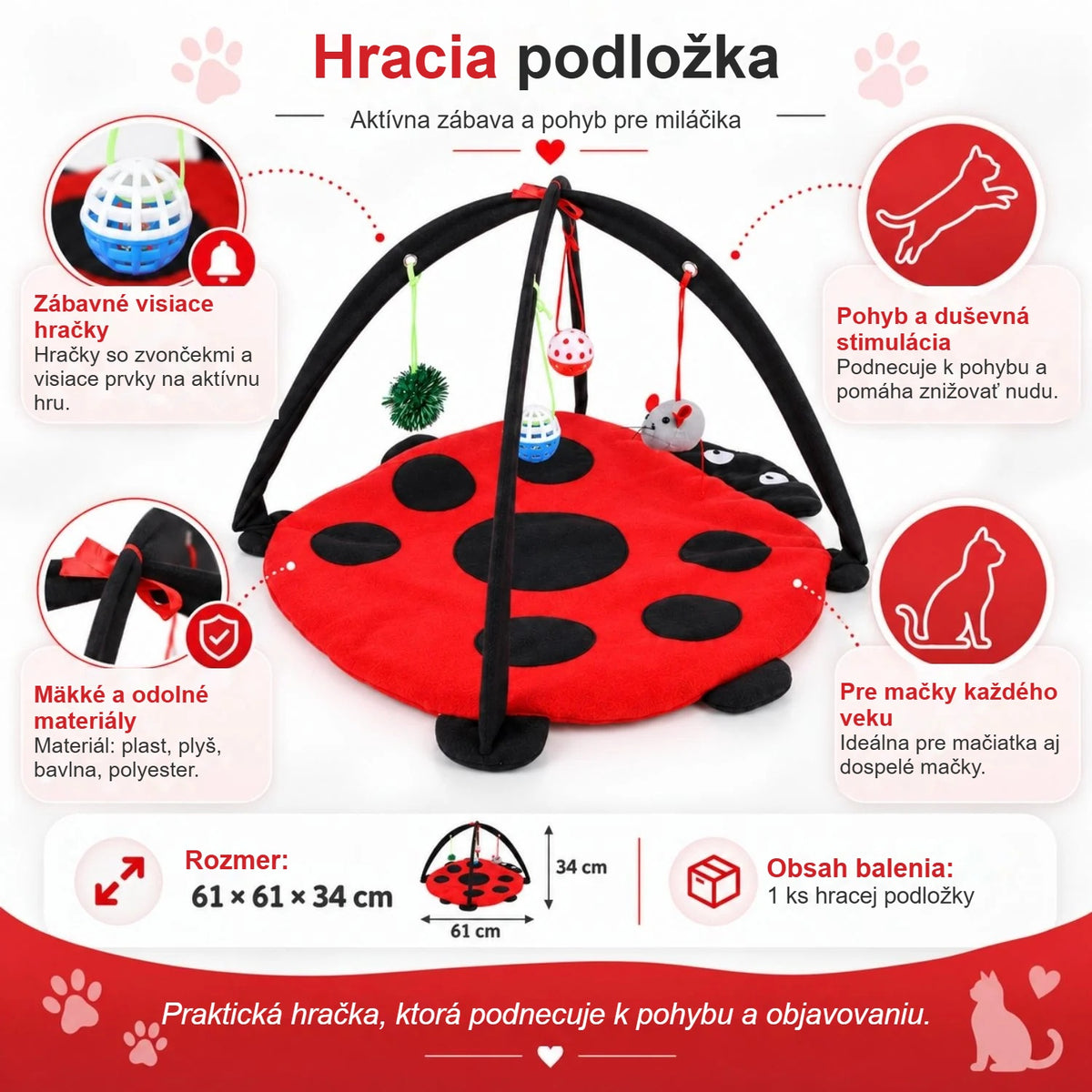 Rozmery hracej podložky pre mačky a obsah balenia na obrázku