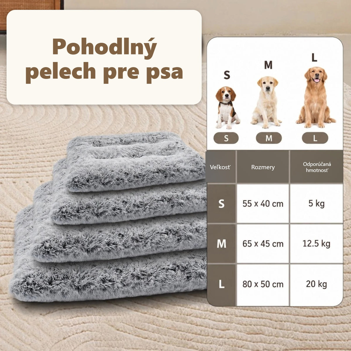 Sivé pelechy pre psa na sebe s tabuľkou veľkostí