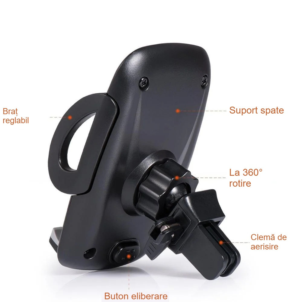 Componentele suportului auto: braț reglabil, suport posterior, articulație sferică 360°, clemă, buton de eliberare