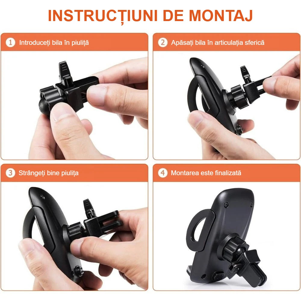 Montarea suportului auto în 4 pași: cap sferic, piuliță, strângere, fixare pe grila de ventilație