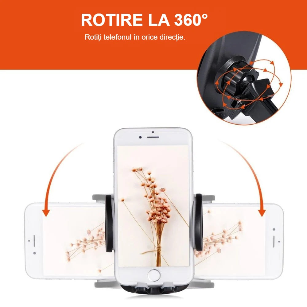 Suport telefon auto rotativ la 360°, cu telefonul în poziție verticală și orizontală