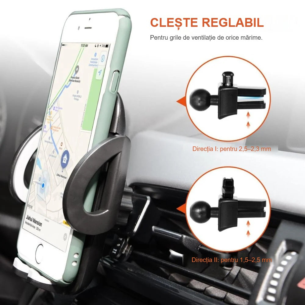 Suport telefon auto cu clemă reglabilă pe grila de ventilație, cu telefon care afișează navigația