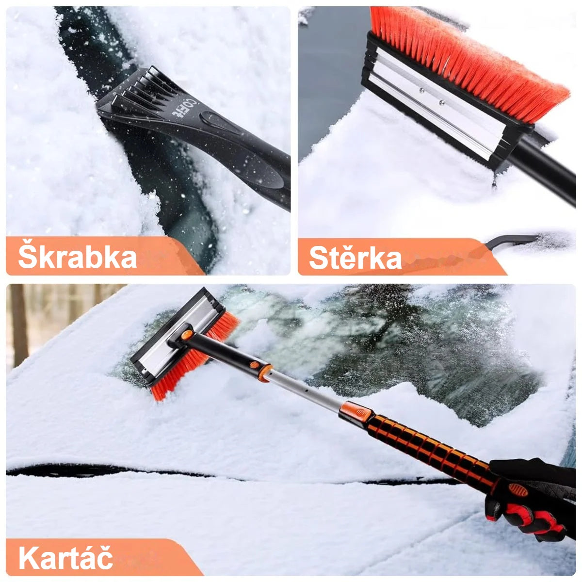 3 funkce kartáče na sníh: škrabka na led, gumová stěrka a kartáč