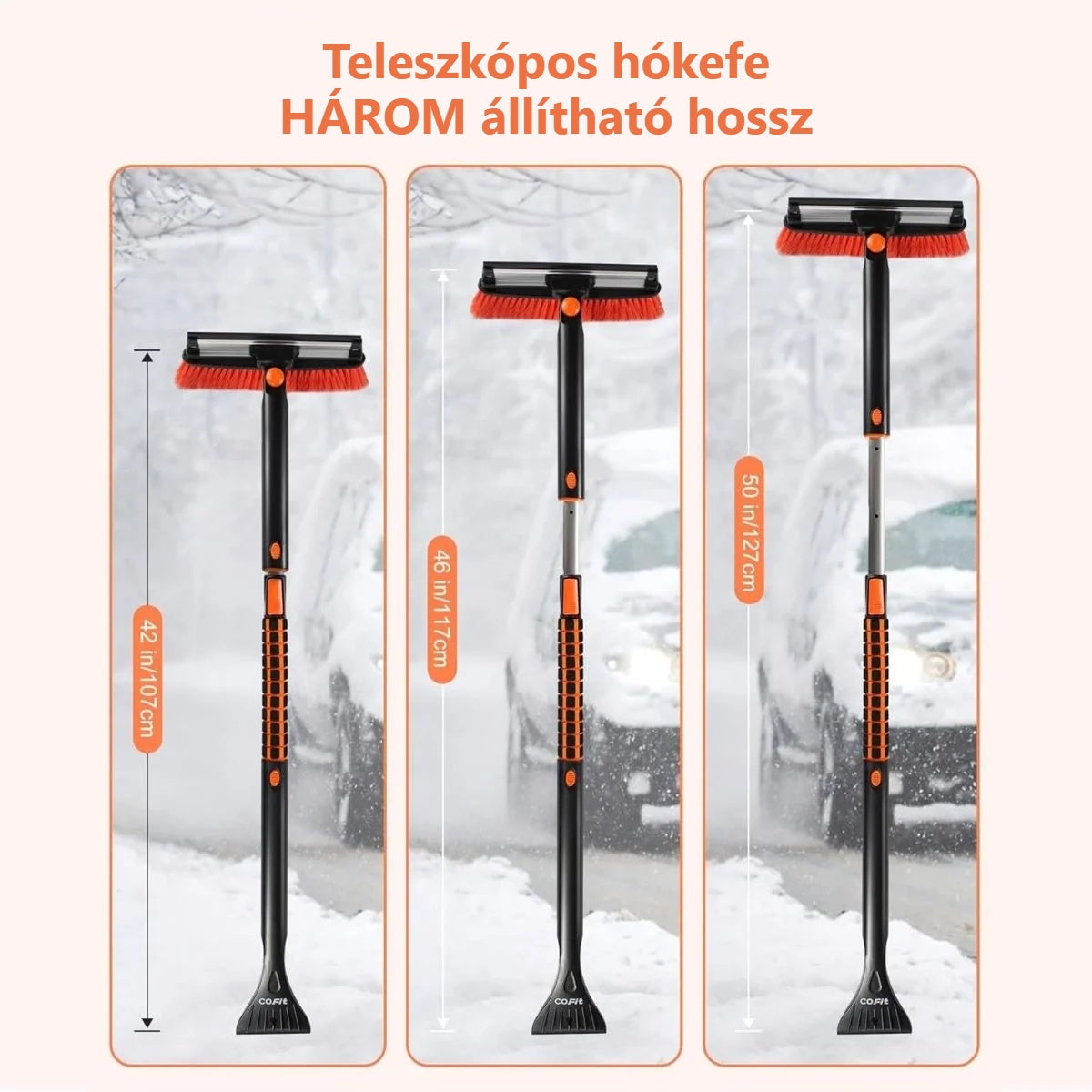 Teleszkópos autós hókefe különböző hosszúságra állítva