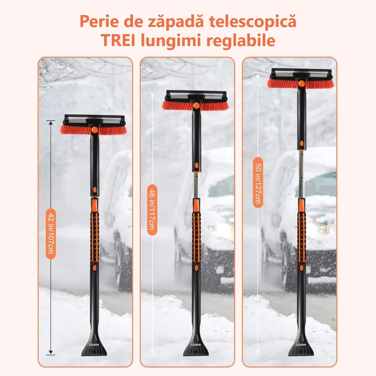 Perie de zăpadă auto telescopică reglată la lungimi diferite