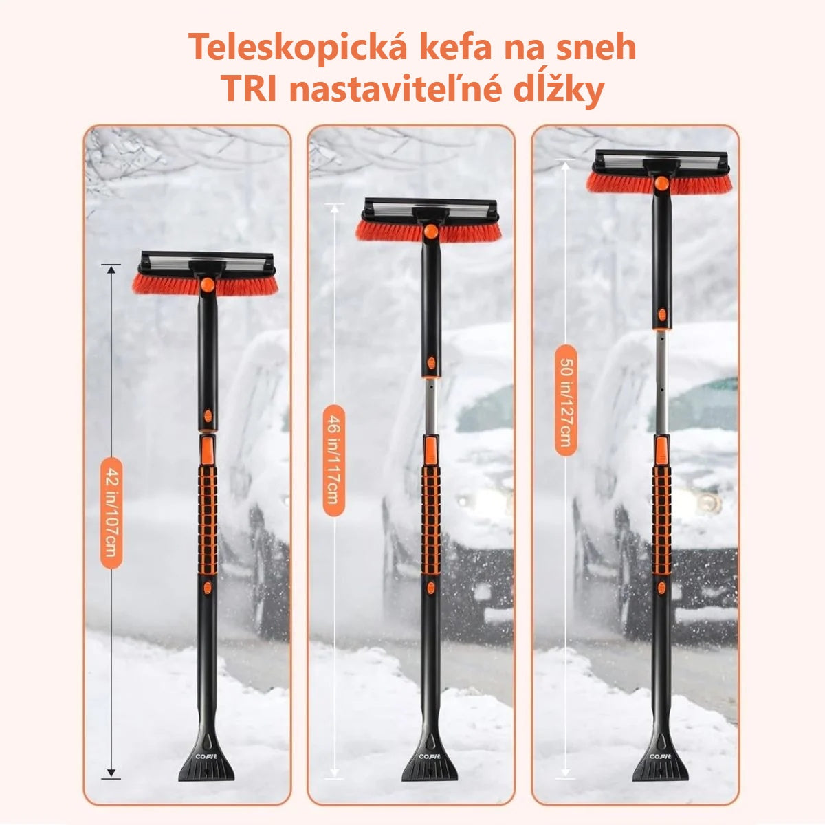 Teleskopická kefa na sneh na auto nastavená na rôzne dĺžky