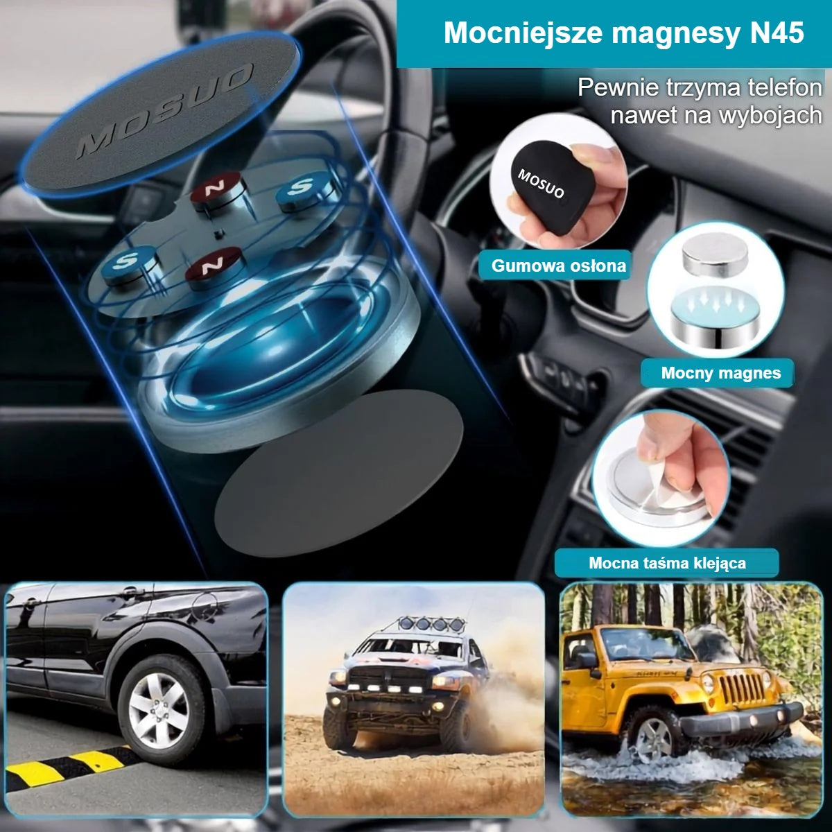 Magnetyczny uchwyt na telefon z magnesami N45, terenówki i wyboista droga
