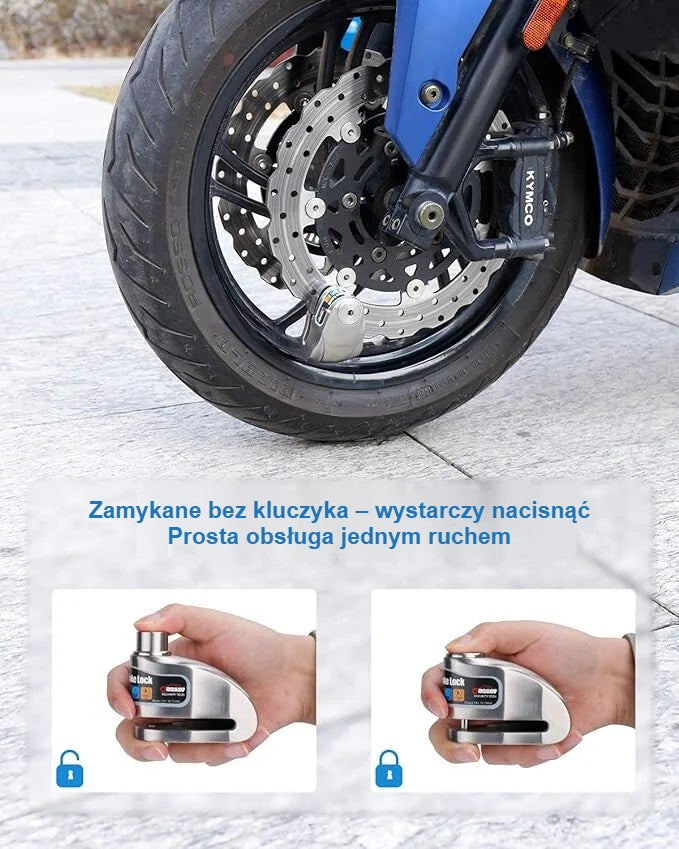 Blokada na tarczy hamulcowej motocykla, zamykanie bez kluczyka