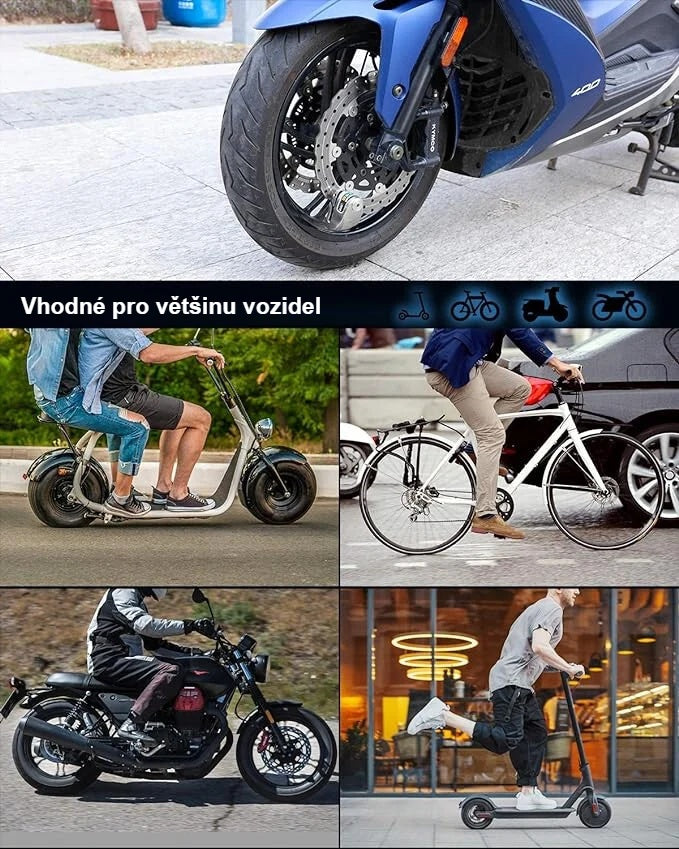 Zámek na kotoučovou brzdu pro motocykl, skútr, jízdní kolo i koloběžku
