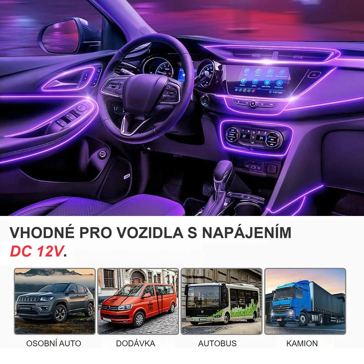 LED pásek do auta pro vozidla 12 V, fialový interiér