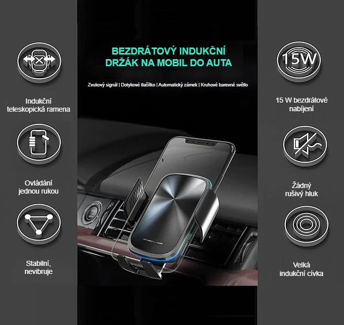 Funkce indukčního držáku na mobil do auta s ikonami, v autě
