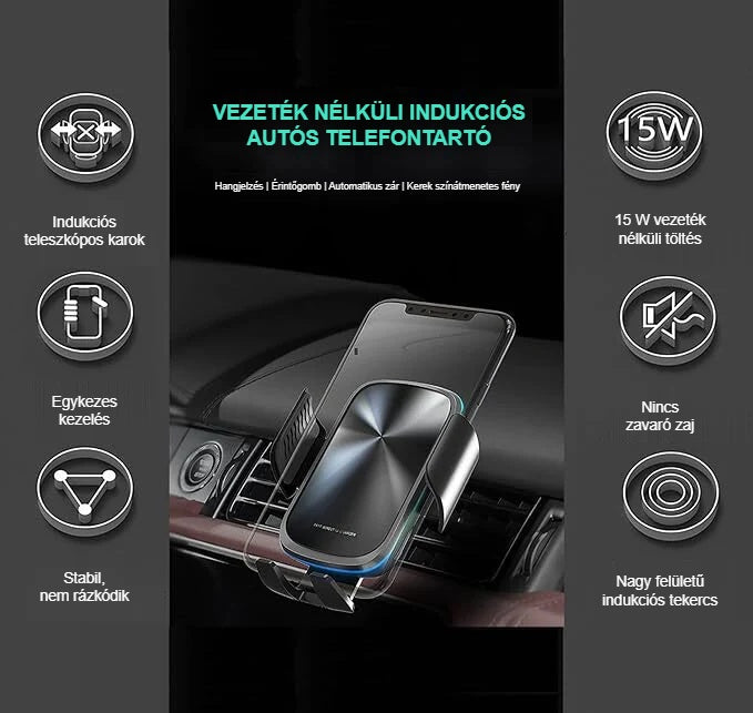 Indukciós autós telefontartó funkciói ikonokkal, autóban