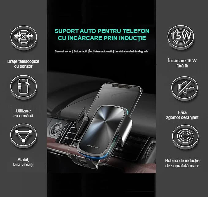 Funcțiile suportului auto cu încărcare prin inducție, cu pictograme, în mașină