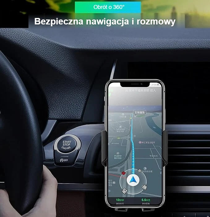 Nawigacja na telefonie w uchwycie samochodowym obracanym o 360°