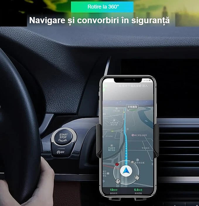 Navigare pe telefonul fixat în suportul auto rotativ la 360°