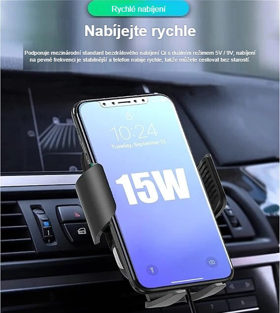 Rychlé nabíjení 15 W: telefon v nabíjecím držáku na mřížce ventilace