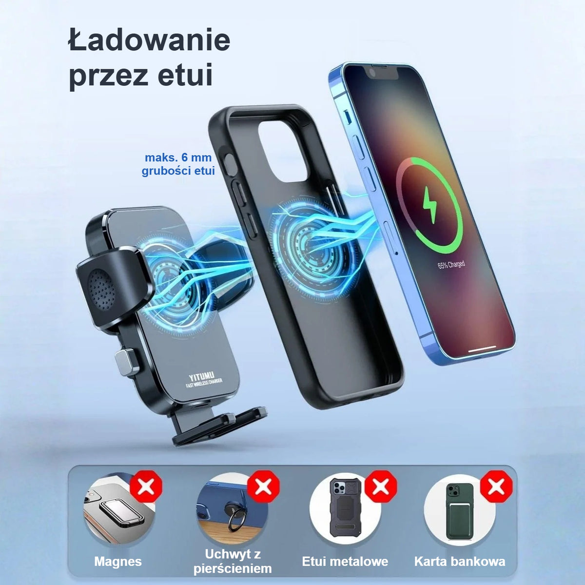 Ładowanie przez etui; z magnesem, metalowym etui i kartą nie ładuje