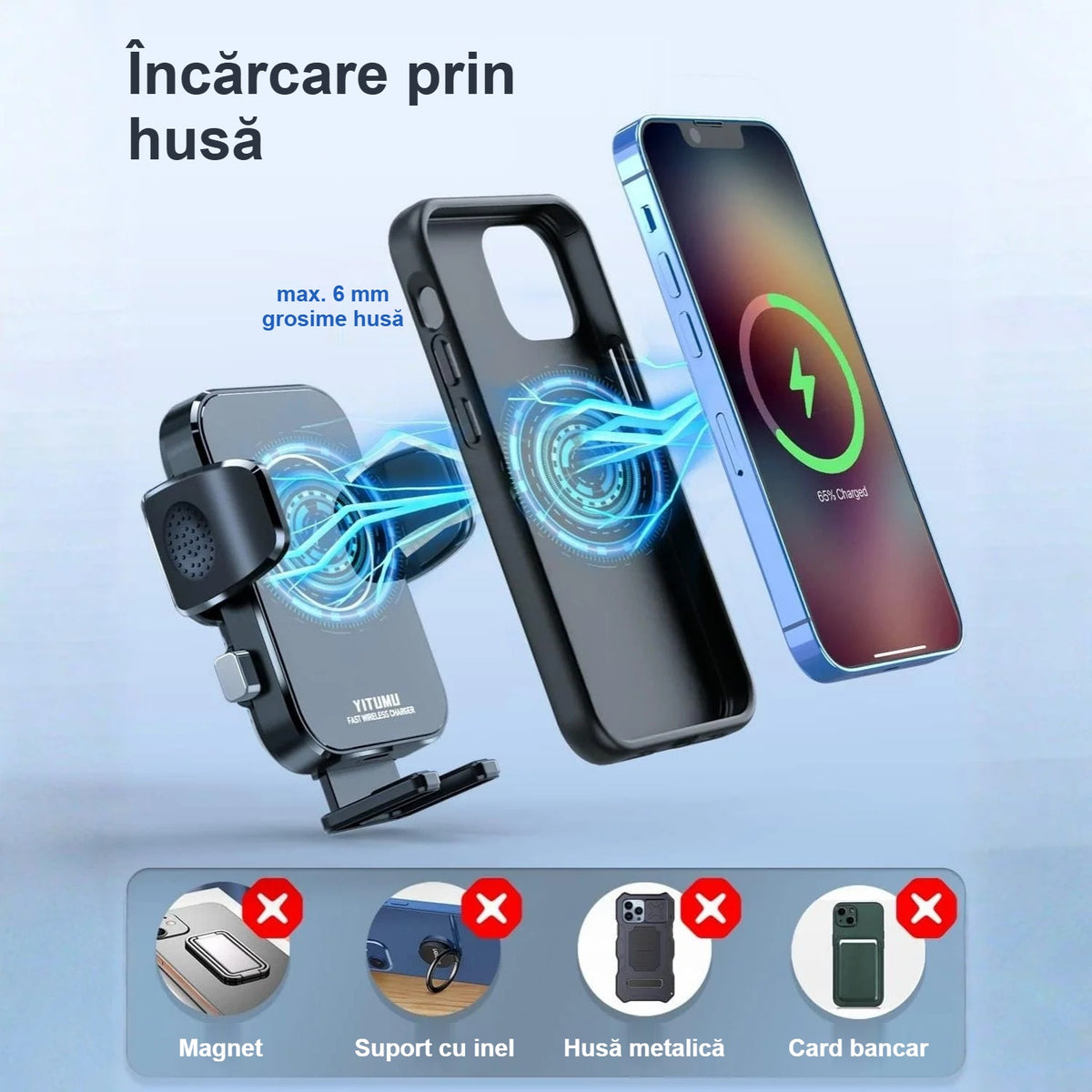 Încărcare prin husă; nu încarcă cu magnet, husă metalică sau card