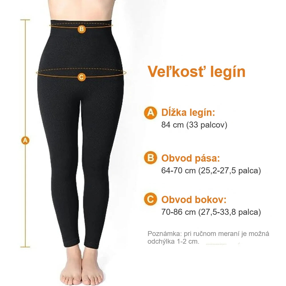 Rozmery legín s vysokým pásom: dĺžka 84 cm, obvod pása 64–70 cm, obvod bokov 70–86 cm