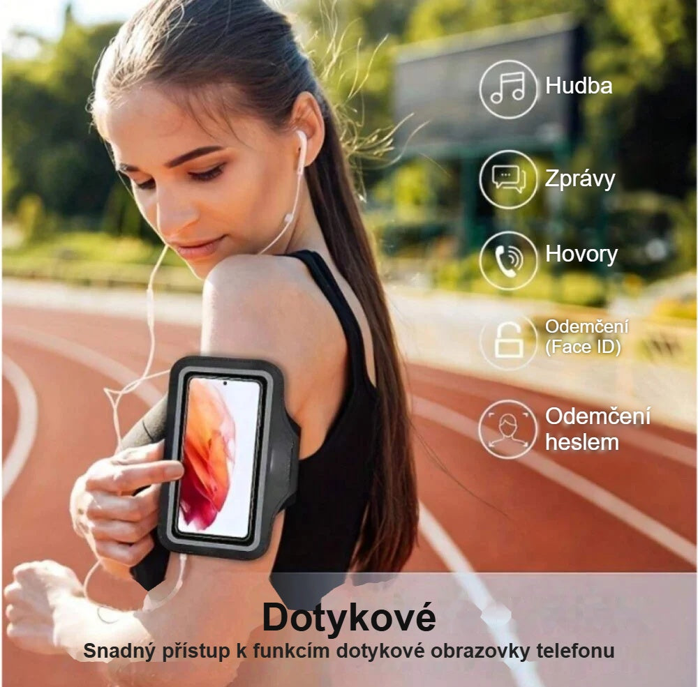Pouzdro na mobil na ruku s dotykovou fólií na paži běžkyně