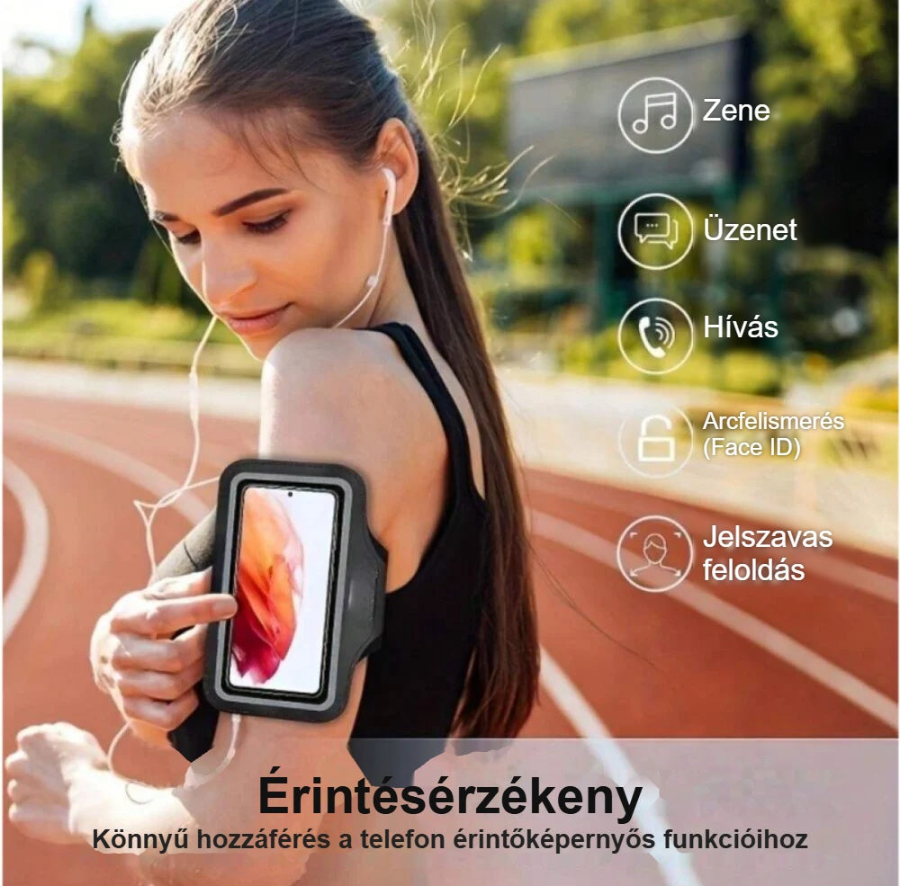 Telefontartó karpánt érintésérzékeny fóliával, futó nő karján