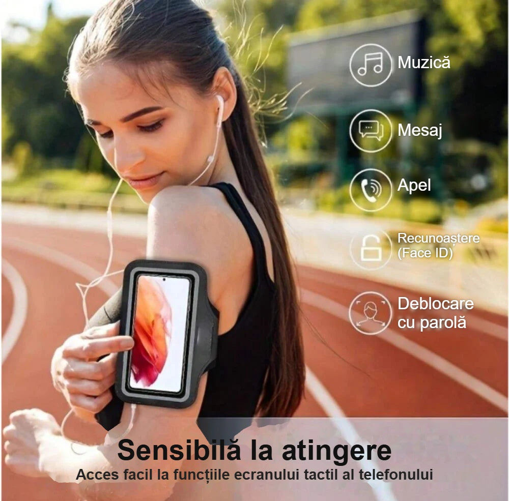 Banderolă telefon cu folie tactilă, pe brațul unei femei care aleargă