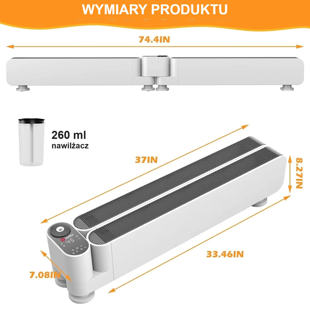 Wymiary grzejnika elektrycznego i zbiornik nawilżacza 260 ml
