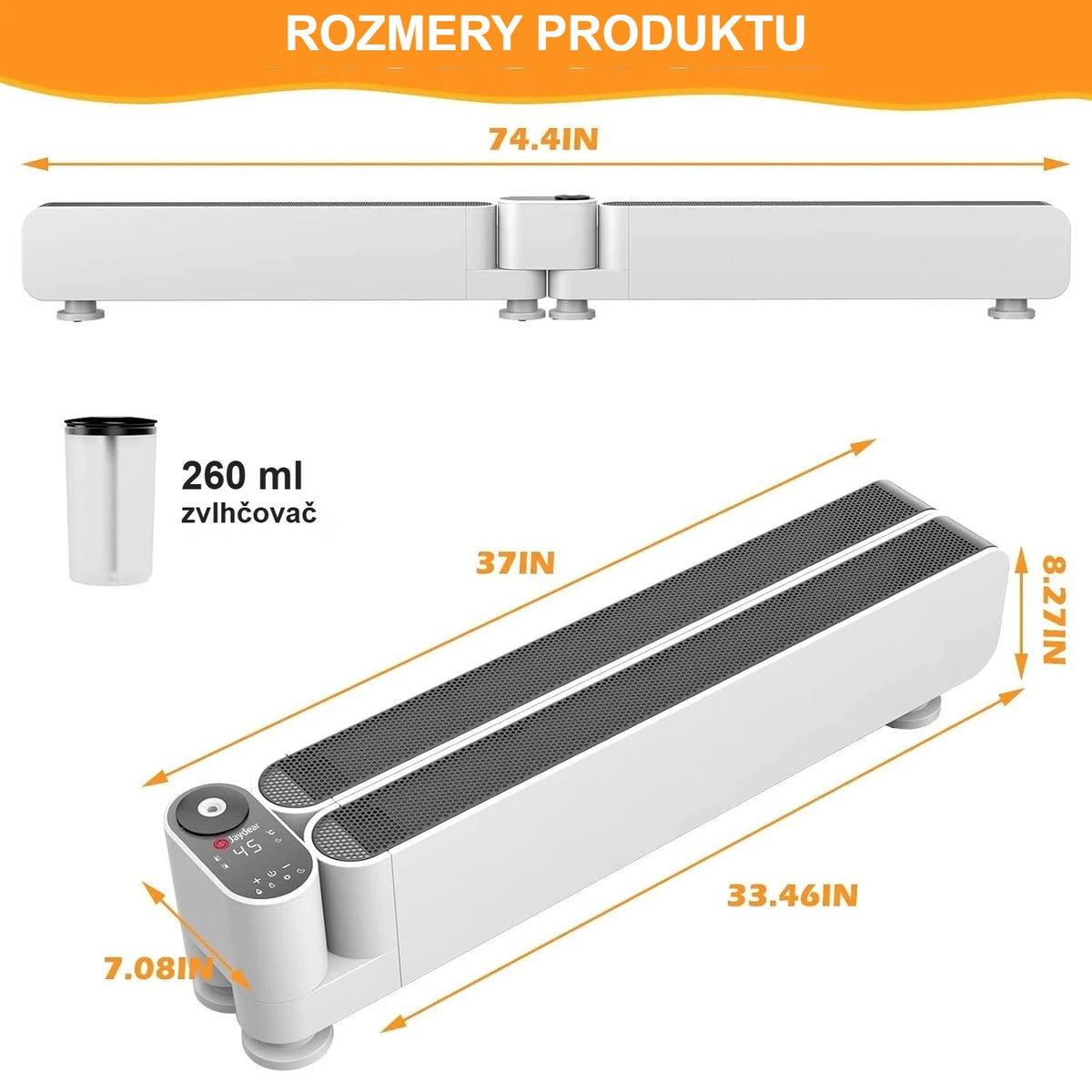 Rozmery elektrického ohrievača a nádržka zvlhčovača 260 ml