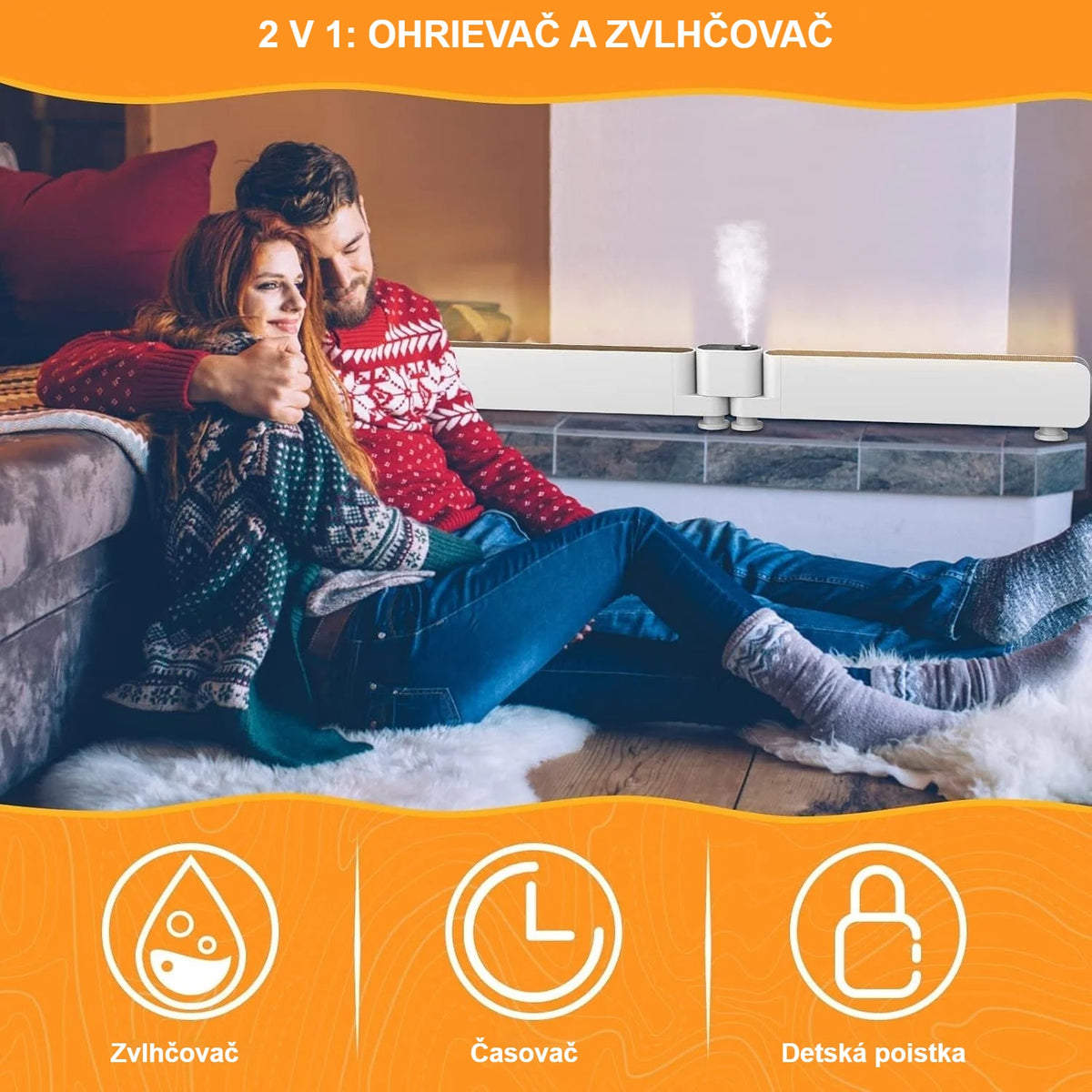 Ohrievač a zvlhčovač 2 v 1 v obývačke pri páre na pohovke