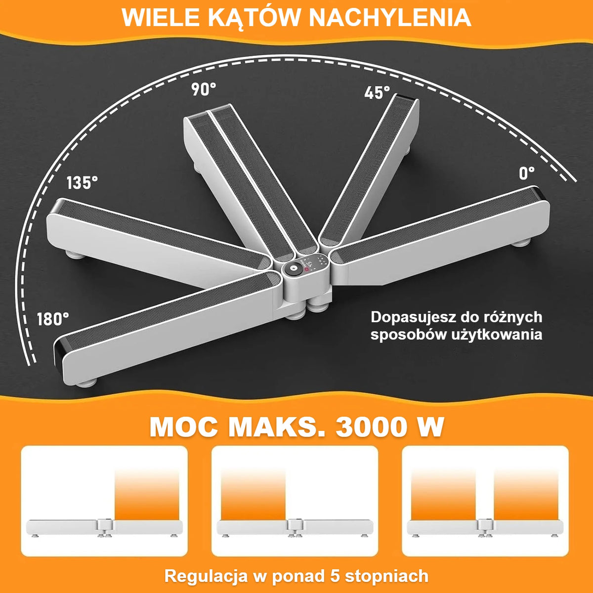 Kąty nachylenia grzejnika elektrycznego i 3 poziomy mocy