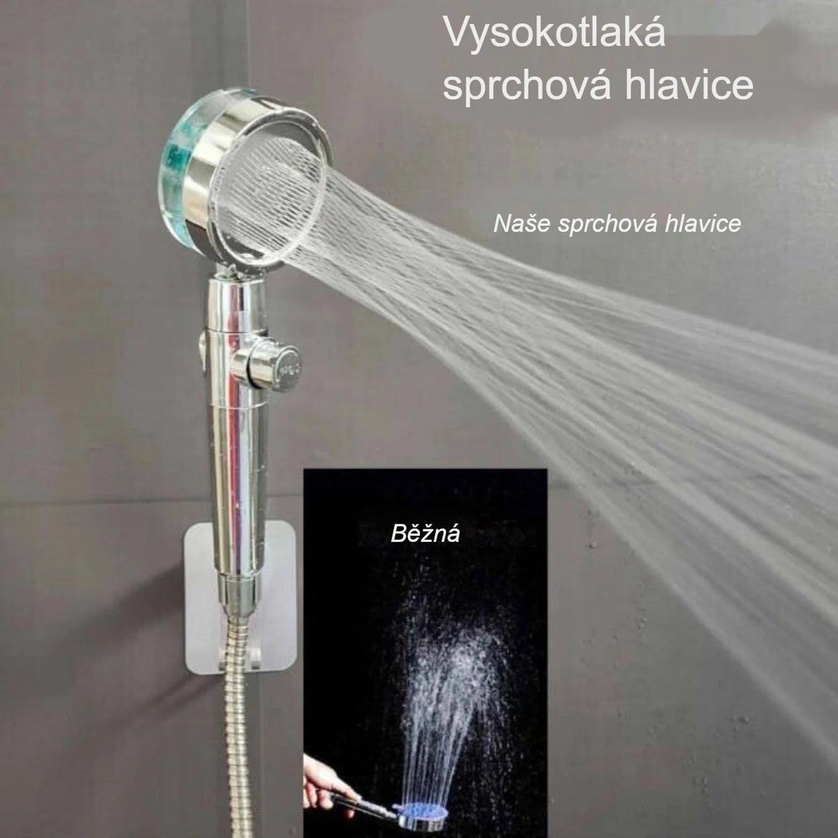 Vysokotlaká sprchová hlavice v ruce s tekoucí vodou