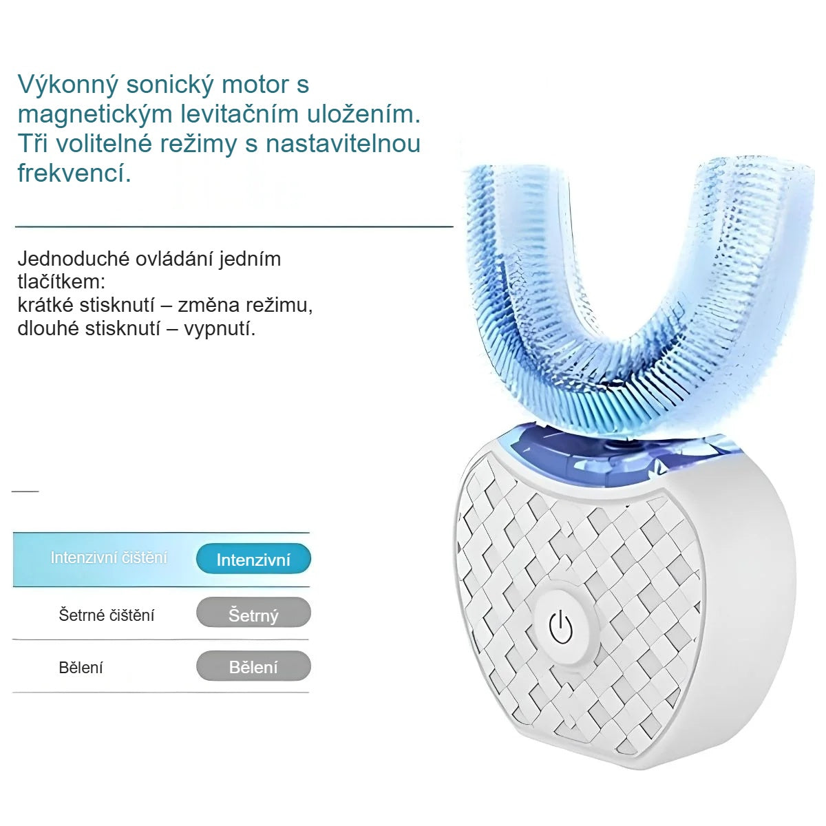 Režimy sonického kartáčku ve tvaru U a ovládání jedním tlačítkem, silikonová hlavice