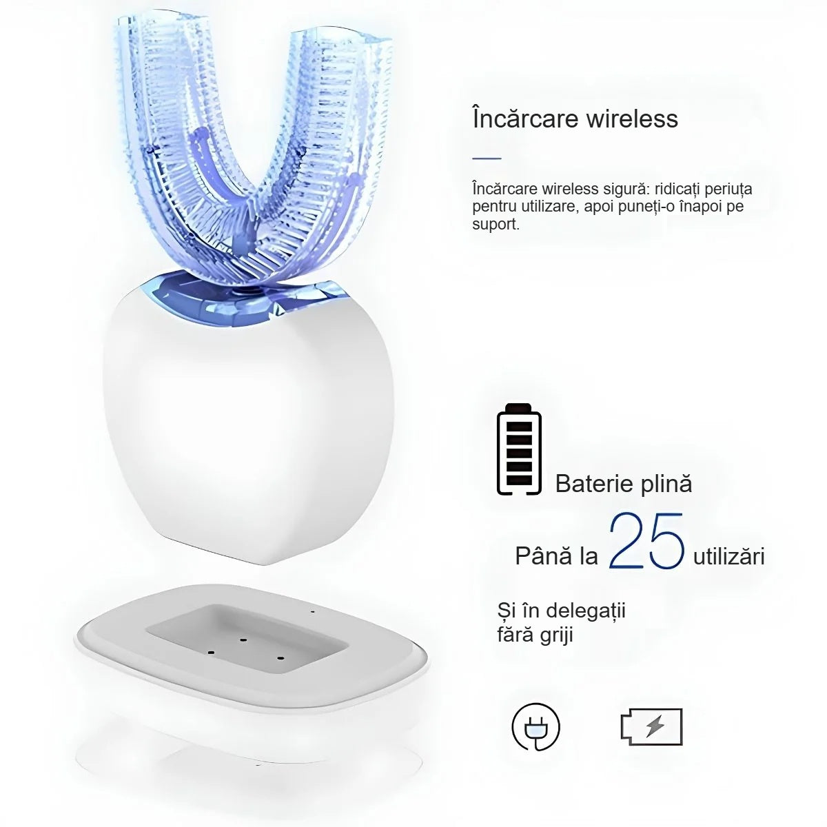 Periuță de dinți electrică în formă de U cu suport de încărcare wireless, scoasă de pe suport și pusă la loc