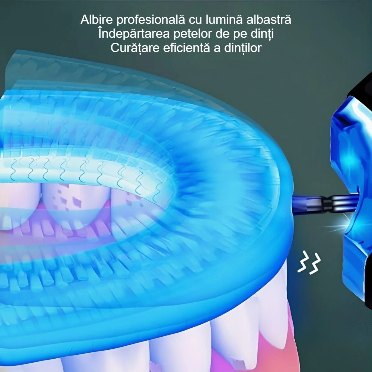 Capul din silicon cu lumină albastră al periuței în formă de U, pe dinți, în timpul curățării