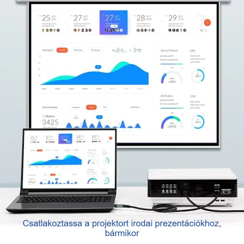 Laptop projektorhoz kötve irodai prezentációhoz