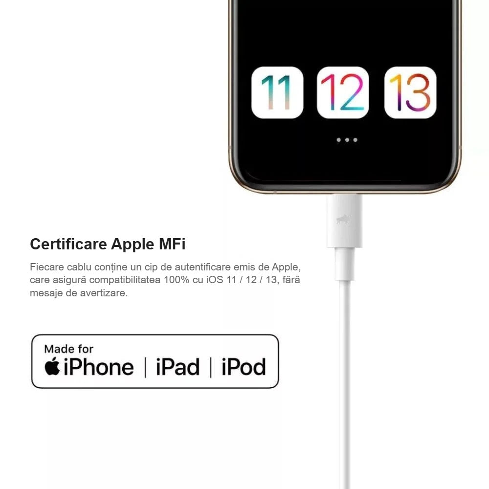 Cablu de încărcare iPhone certificat Apple MFi, conectat la telefon