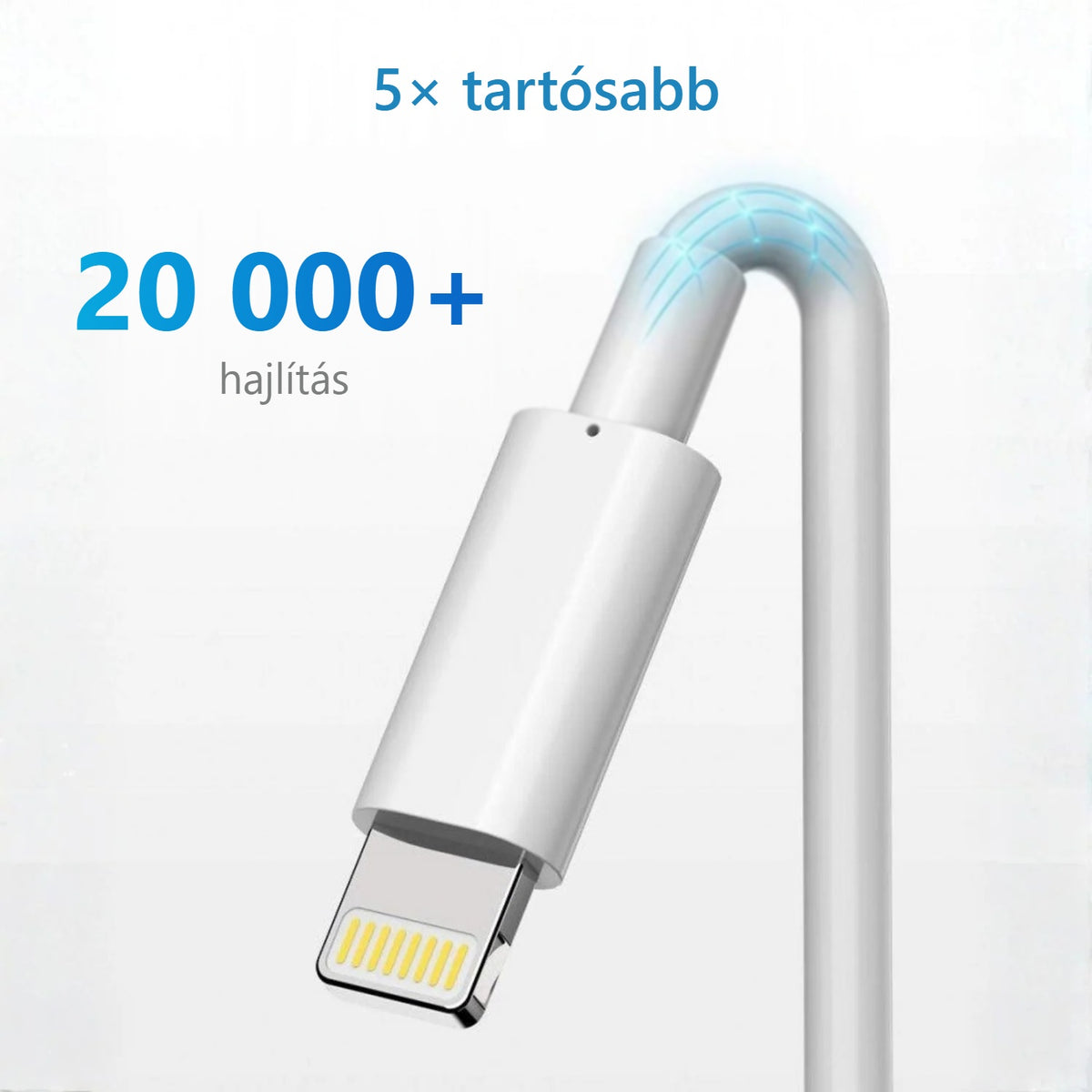 Lightning kábel csatlakozója közelről, hajlítástűrő kábelvéggel