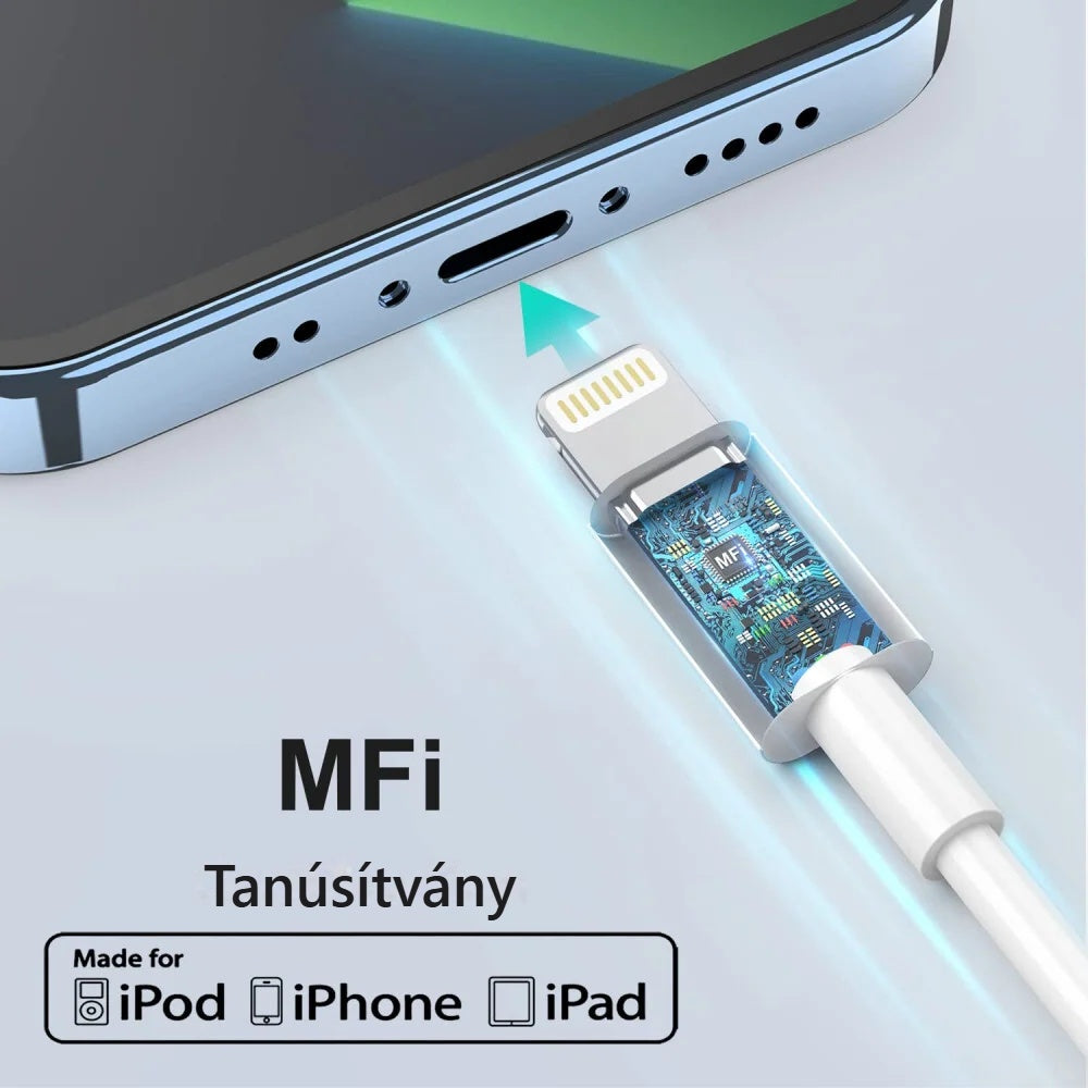 MFi-tanúsított Lightning kábel iPhone töltőaljzatába dugva