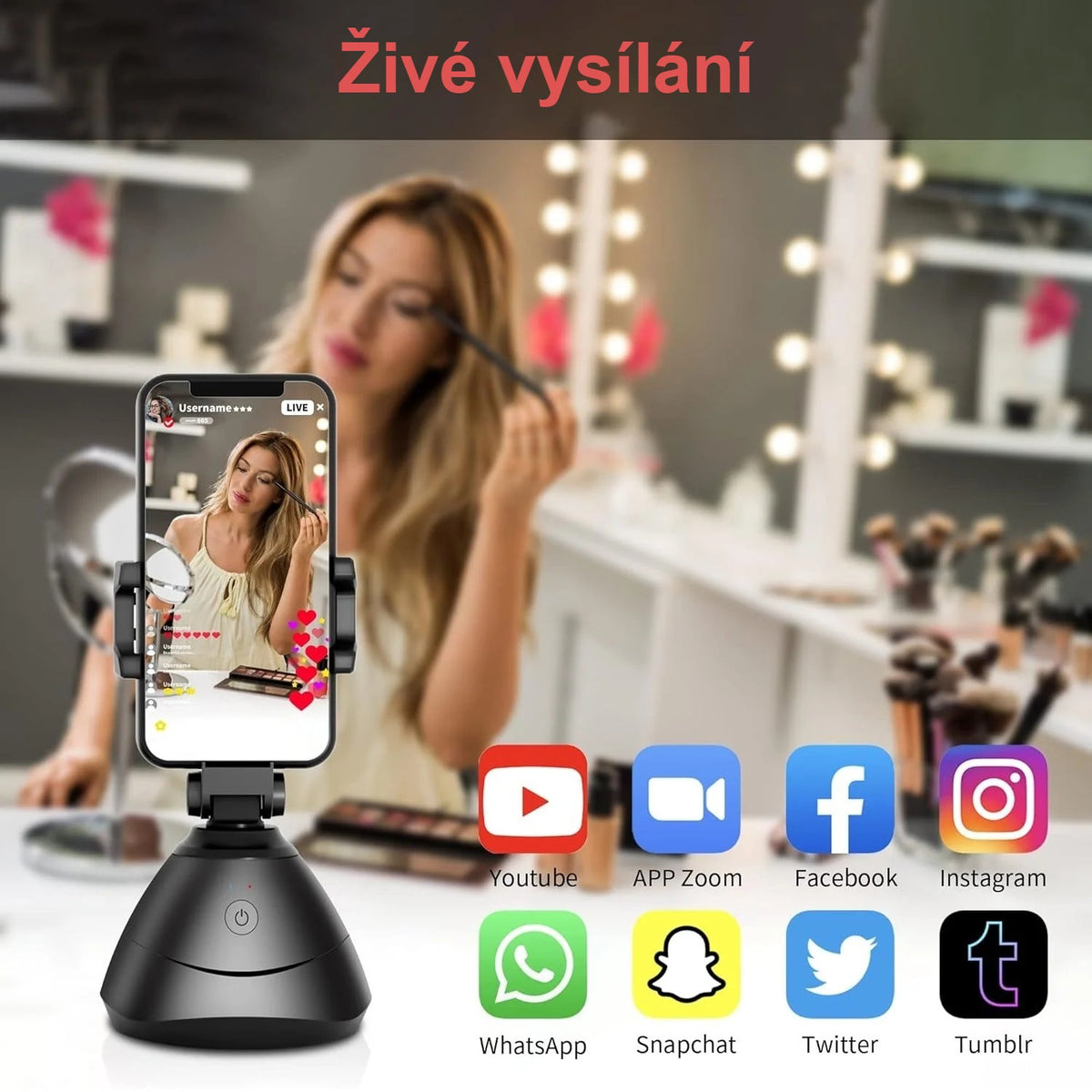 Živé vysílání s držákem na mobil se sledováním pohybu