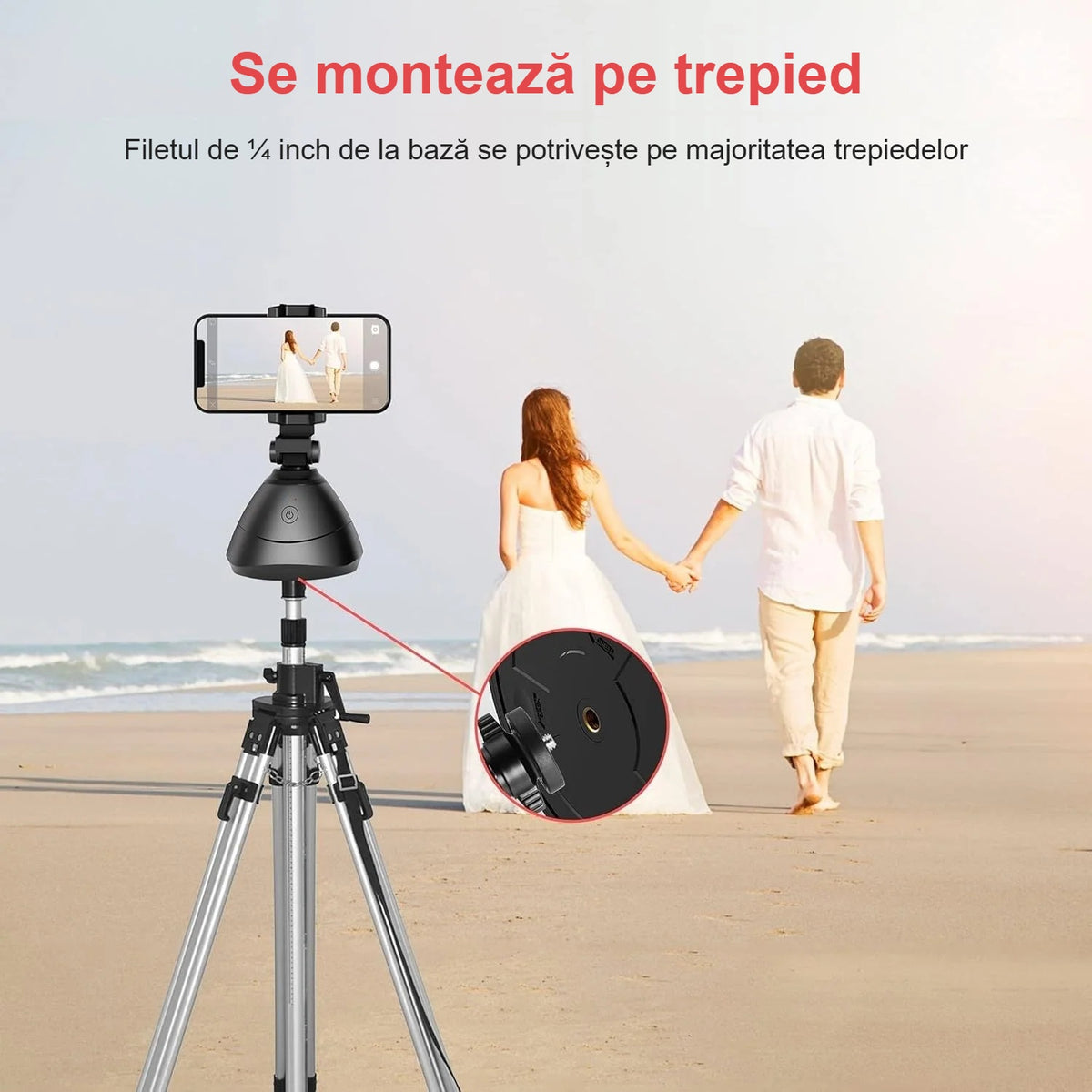 Suport de telefon cu urmărire a mișcării pe trepied, pe plajă