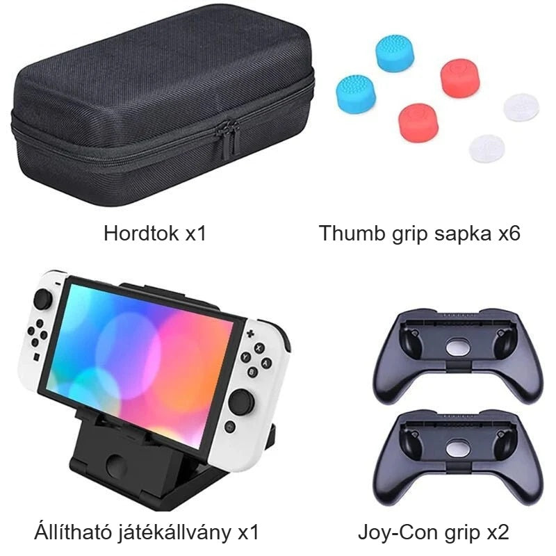 Nintendo Switch tok készlet tartalma: tok, 6 thumb grip, állvány, 2 Joy-Con grip