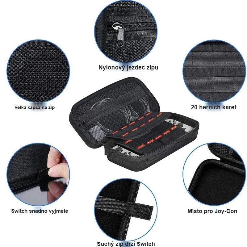 Detaily pouzdra na Nintendo Switch: zip, kapsa na zip, 20 míst na karty, pásek na suchý zip