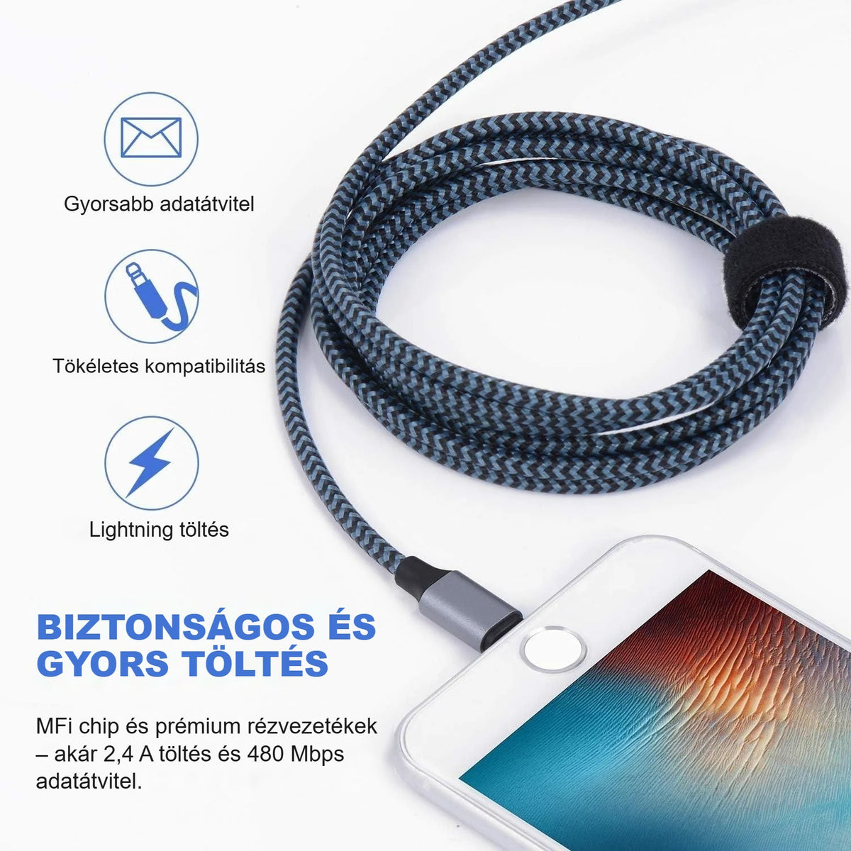 Biztonságos gyorstöltés Lightning kábellel, csatlakoztatott iPhone