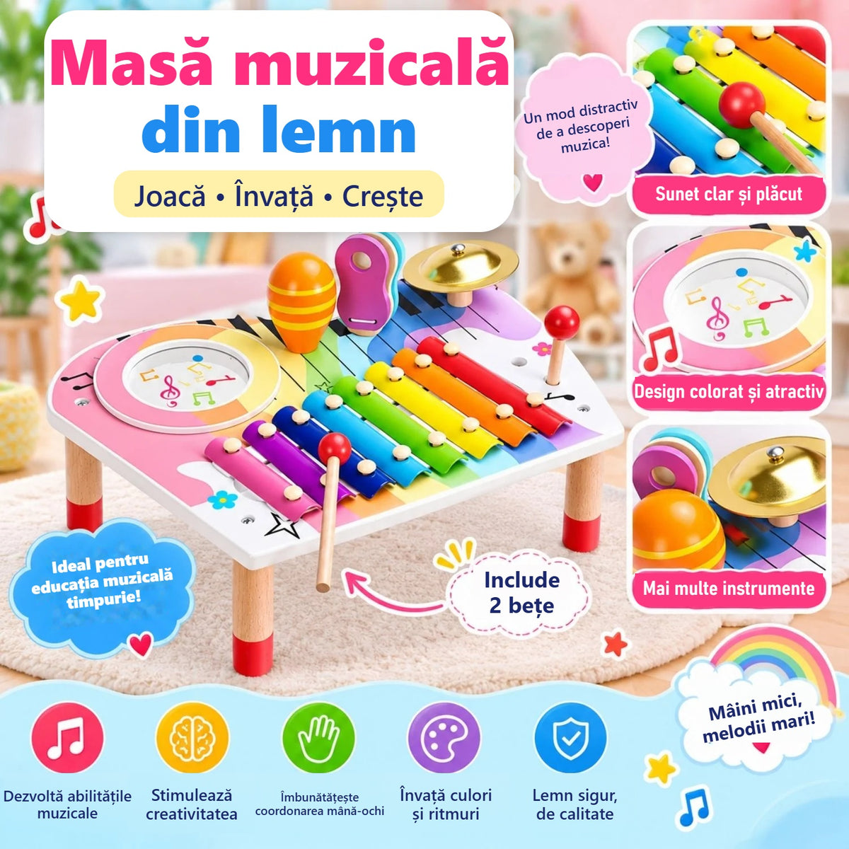 Componentele setului de instrumente muzicale BeebeeRun, pe o schemă cu etichete