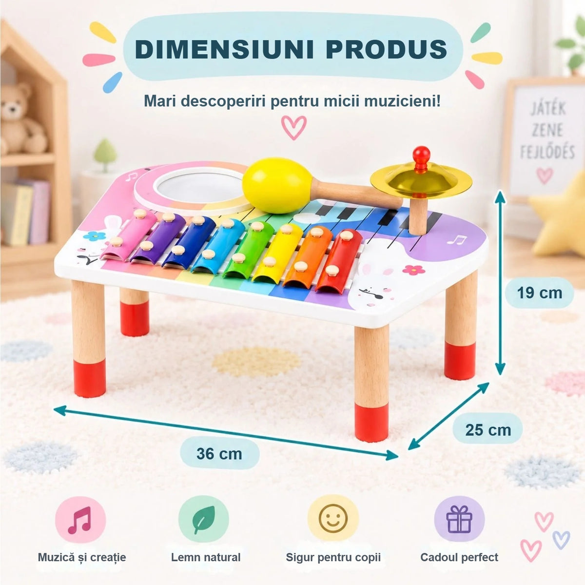 Dimensiunile setului de instrumente muzicale pentru copii: 36 × 25 × 19 cm
