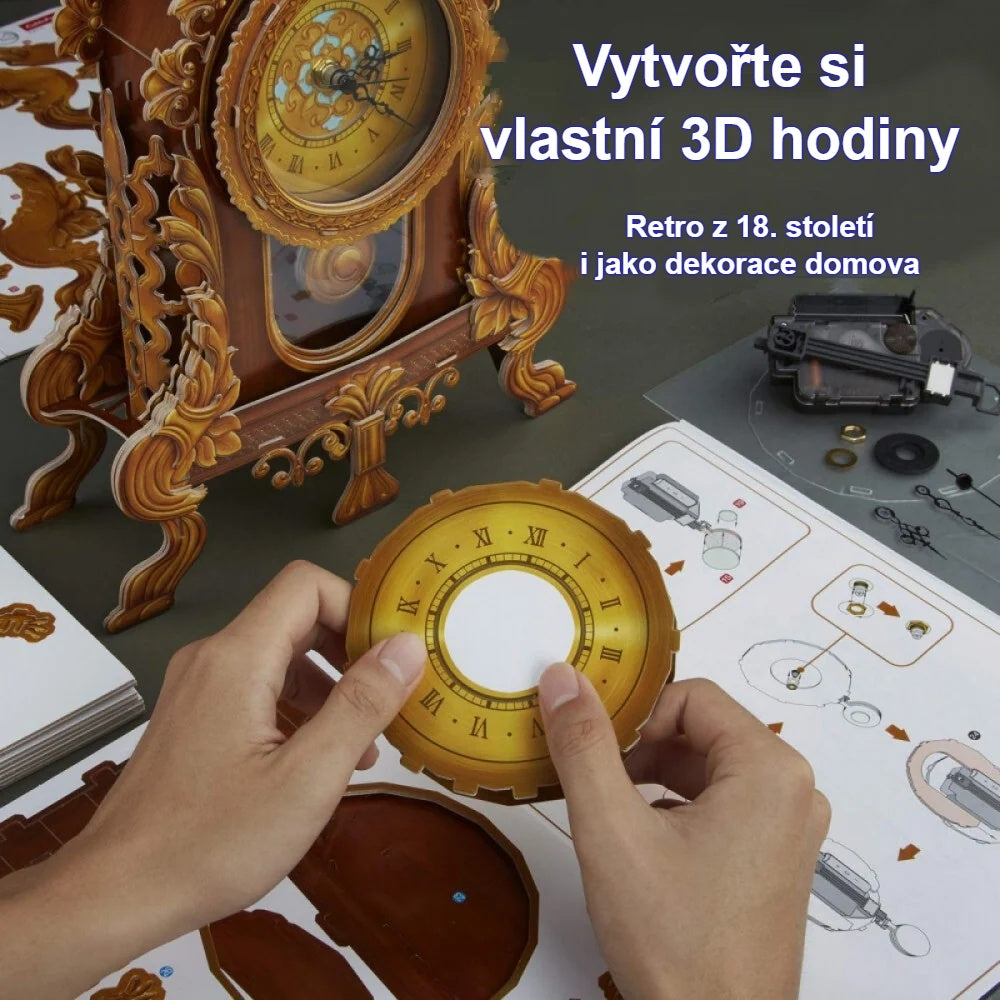 Ruční skládání 3D puzzle hodin s hodinovým strojkem