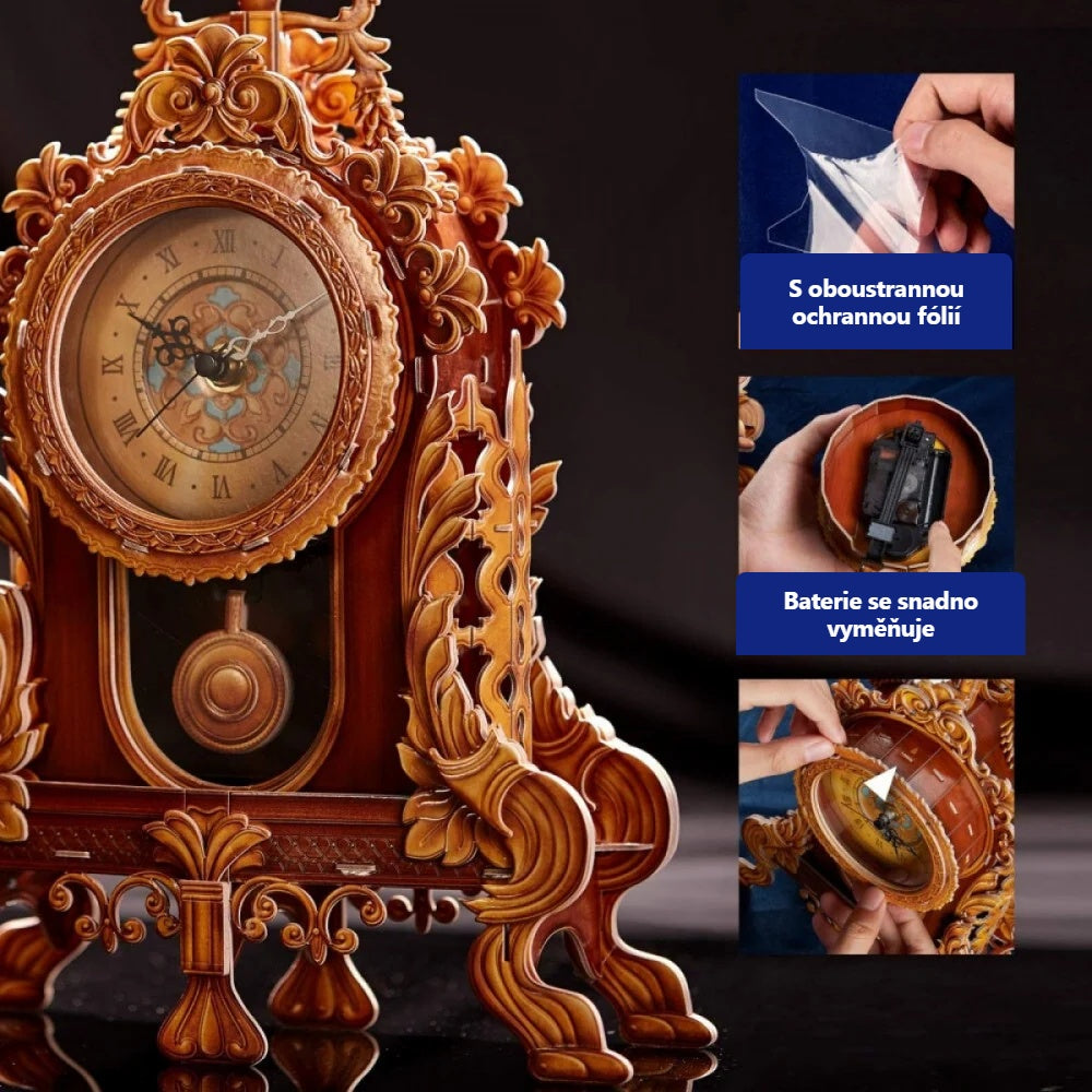3D puzzle kyvadlové hodiny s vyřezávaným vzorem a detailem kyvadla
