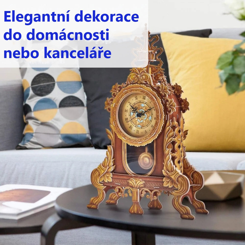 3D puzzle kyvadlové hodiny jako dekorace na poličce v obýváku