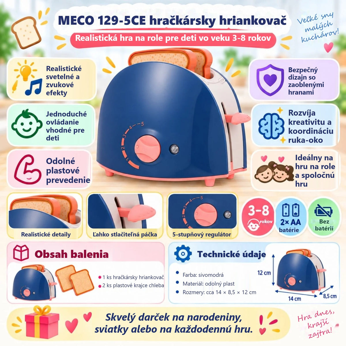 Vlastnosti detského hriankovača MECO 129-5CE na obrázku v maďarčine