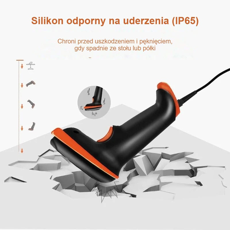 Czytnik kodów kreskowych w silikonowym etui IP65 upuszczony na popękaną podłogę